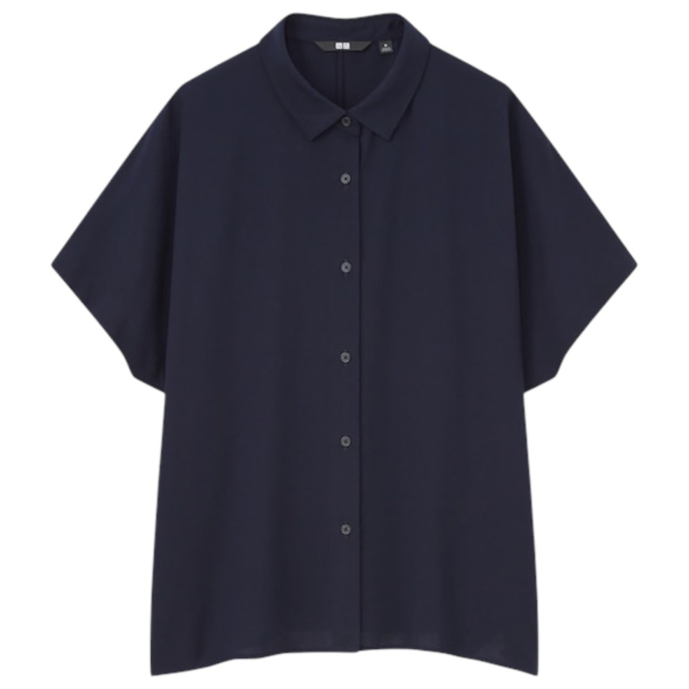 Uniqlo Womens XL Navy Blue Rayon Short Sleeve Relaxed Button Up Blouse Boxy Crop